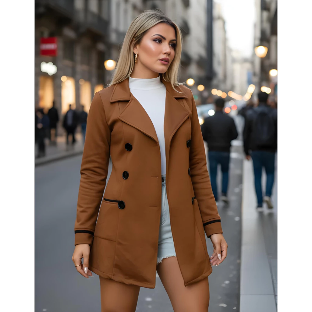 Casaco Moletom Sobretudo Feminino Inverno Flanelado com Botões Gola Dobrável do P ao G3