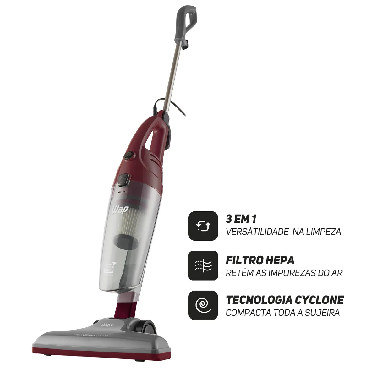 Aspirador de Pó Vertical WAP High Speed Plus 1350W 3 em 1 Portátil Sem Fio