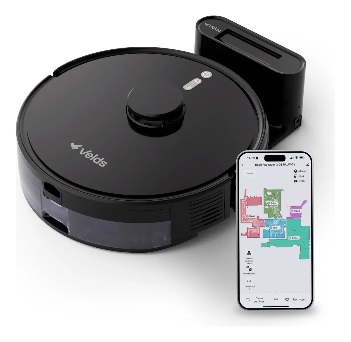 Robô Aspirador de Pó Velds 3 em 1 com Mapeamento Inteligente App Wi-Fi Passa Pano Sensor Antiqueda