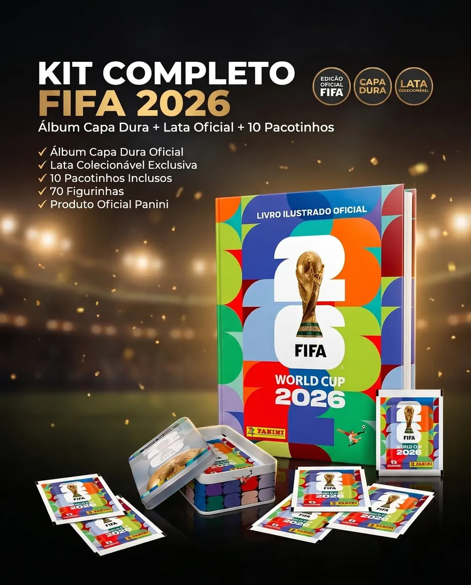 Kit Álbum Capa Dura Copa do Mundo 2026 com Lata Oficial e 70 Figurinhas