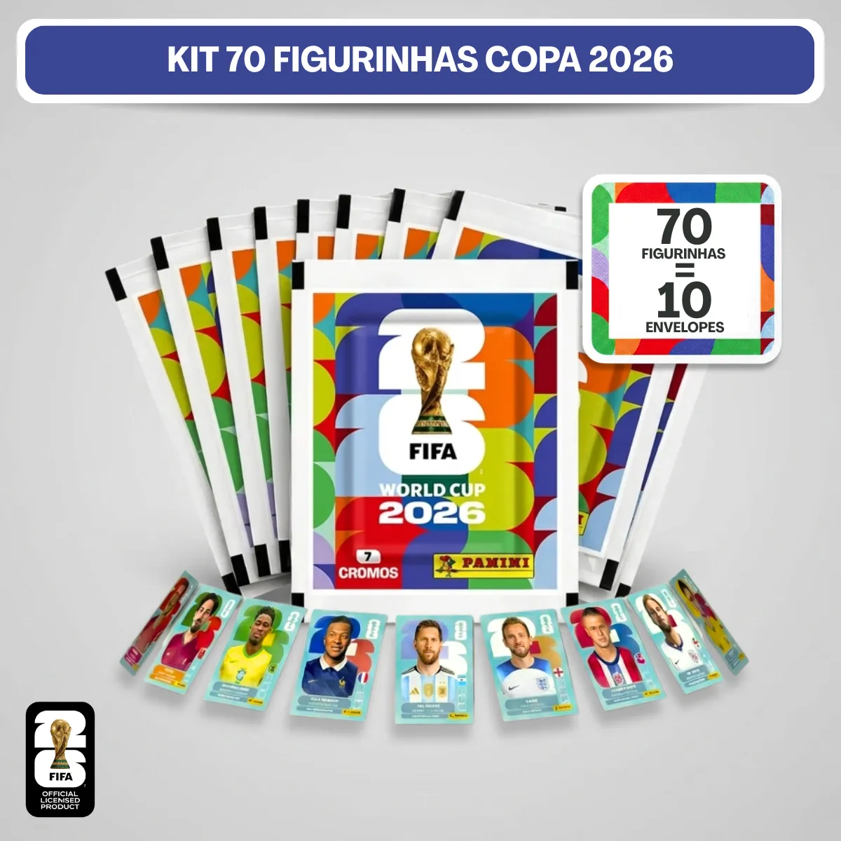 Kit 70 Figurinhas Copa do Mundo 2026 com 10 Envelopes Oficiais