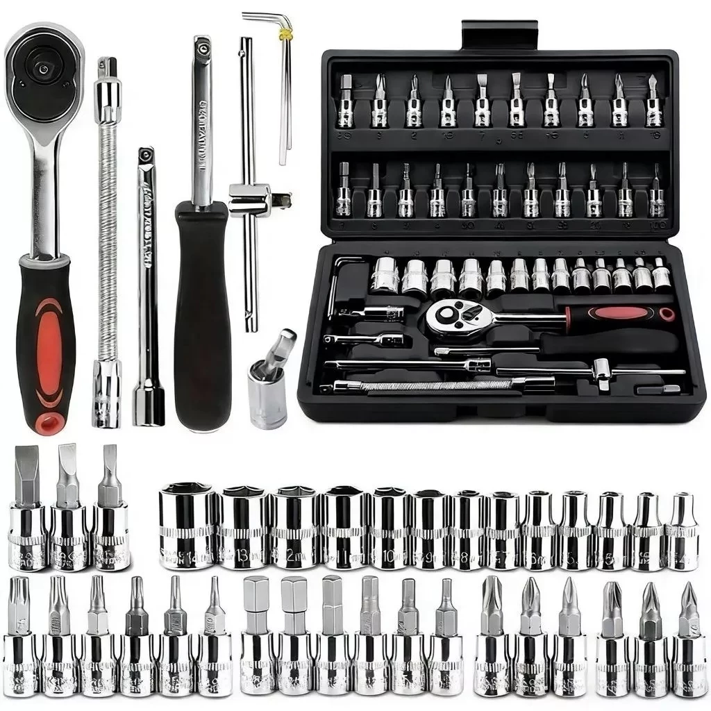 Kit de Ferramentas 46 Peças com Soquetes e Chave Catraca Reversível com Maleta Portátil